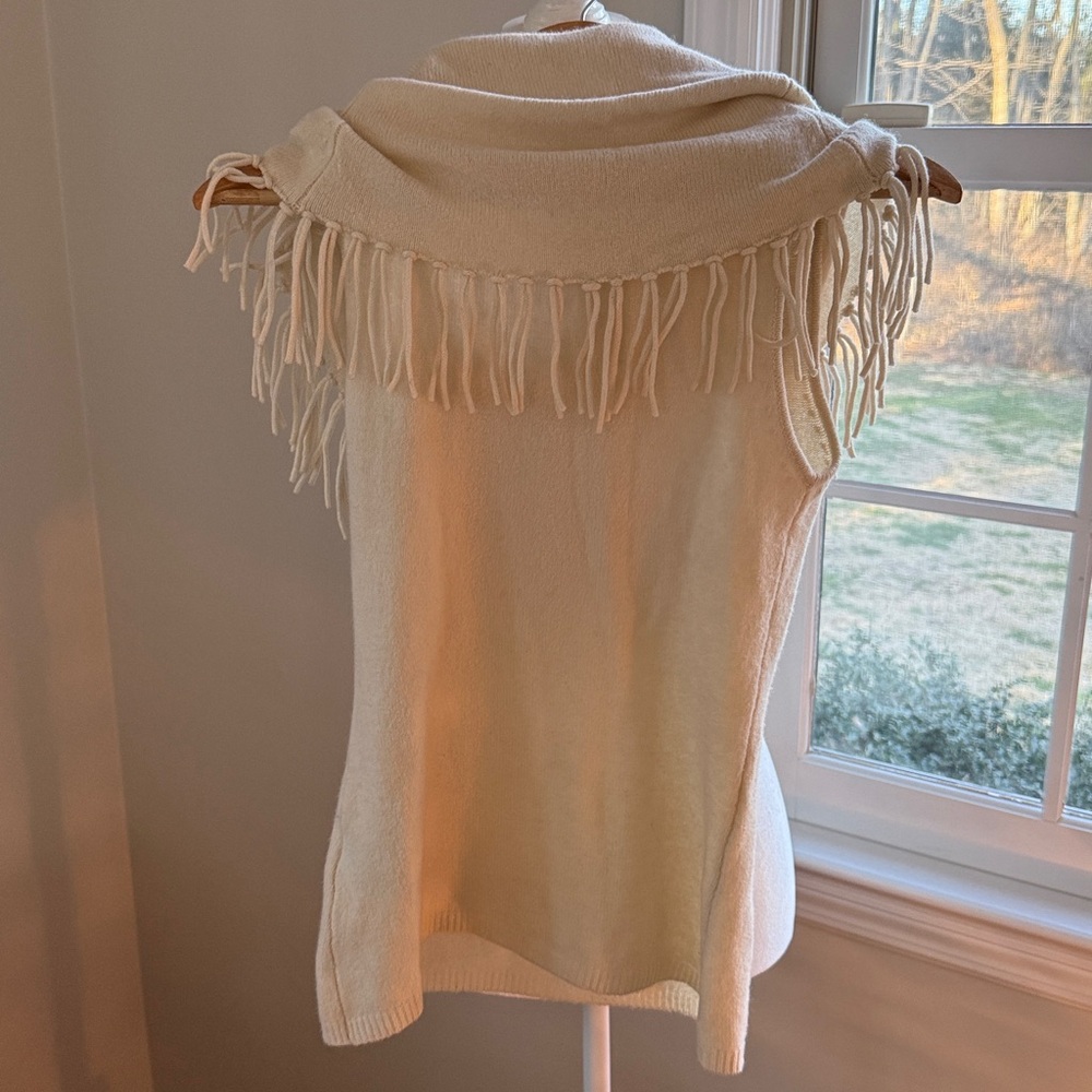 MINNIE ROSE Sleeveless Cashmere Cowl Fringe Shell Top Size Small